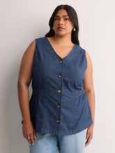 Denim Fit and Flare Sleeveless V-Neck Vest Blouse
