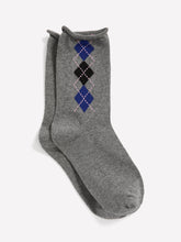 Grey Rolled-Edge Crew Socks with Argyle Print