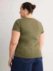 Grey Pointelle Knit Fitted Short-Sleeve T-Shirt