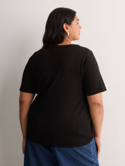 Straight Elbow-Sleeve Ribbed Knit Henley Top