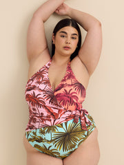Colourful Knotted Wrap V-Neck One-Piece Swim Suit - Bleu Rod Beattie