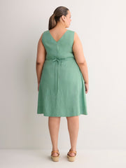 Linen Blend V-Neck Swing Dress with Crochet Tape