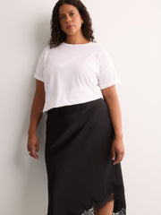 Black Satin Midi Skirt with Lace Hem