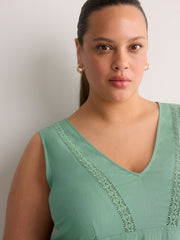 Linen Blend V-Neck Swing Dress with Crochet Tape