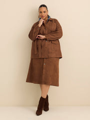 Tan Faux-Suede Buttoned Down Midi Skirt