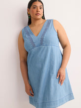 Denim Sleeveless V-Neck Swing Dress with Crochet Tape