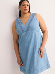 Denim Sleeveless V-Neck Swing Dress with Crochet Tape