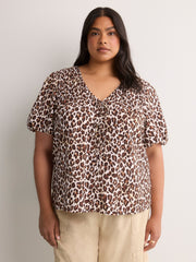 V-Neck Bubble-Sleeve Blouse with Smocked Yoke