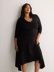 Black Fit and Flare V-Neck Shirred Knit Midi Dress - Addition Elle