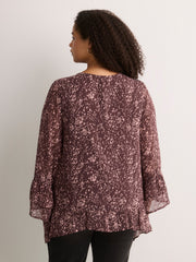 Split-Neck Long Flounce Sleeve Asymmetrical Blouse