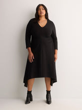 Black Fit and Flare V-Neck Shirred Knit Midi Dress - Addition Elle