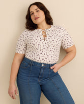 Elbow-Sleeve Top with Lace-Up Front Neckline