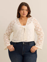 Tie-Front Bell-Sleeve Crochet Cardigan