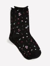 Black Rolled-Edge Crew Socks with Floral Print