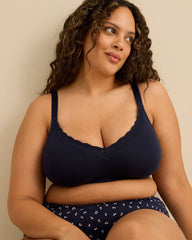 Wireless Navy Cotton Bra with Lace Trim - ti Voglio