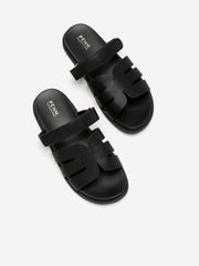 Wide Width, Dream Black Faux-Leather Footbed H-Band Flat Sandal
