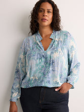 Responsible, Blue Floral A-Line Blouse with Split Ruffled Collar
