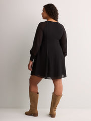 Black Chiffon Balloon-Sleeve Swing Short Dress - Addition Elle