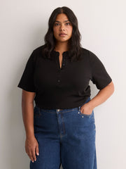 Straight Elbow-Sleeve Ribbed Knit Henley Top