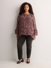 Split-Neck Long Flounce Sleeve Asymmetrical Blouse