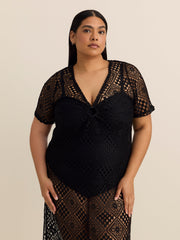 Long Crochet Knit Cover-Up Dress with Keyhole V-Neck - Cover Me