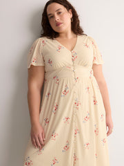 V-Neck Buttoned-Down Midi Dress with Flutter Sleeves - Addition Elle