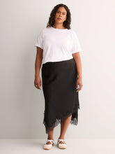 Black Satin Midi Skirt with Lace Hem
