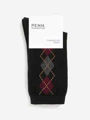 Black Rolled-Edge Crew Socks with Argyle Print