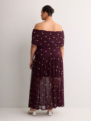 Purple Dotted Off-Shoulder Mesh Maxi Dress - Addition Elle