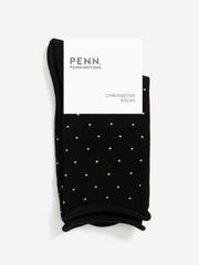 Black Rolled-Edge Crew Socks with Micro Dot Print