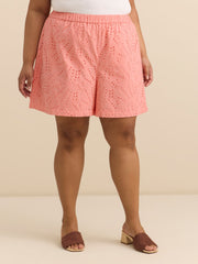 Pink Embroidered Cotton Pull-On Short