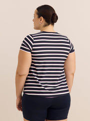 Navy Striped Short-Sleeve Henley Tankini Top
