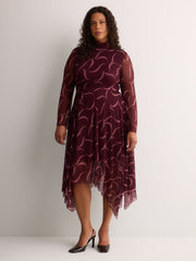 Ribbon-Print Mock-Neck Fit and Flare Midi Dress - Addition Elle