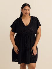 Blue Eyelet Fit and Flare V-Neck Cover-Up Dress - Cover Me
