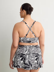 Black Foliage-Print Bikini Top With Front Knot