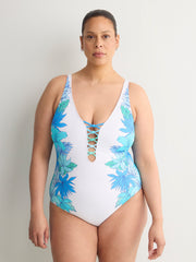 Plunging Lace-Down One-Piece Swim Suit - Bleu by Rod Beattie