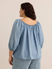Tencel Scoop Neck Slight A-line Blouse with Shirring