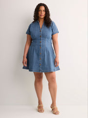 Denim Buttoned-Down Dolman Sleeve Shirt Dress