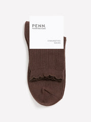Brown Textured Ankle Socks with Scalloped Edge
