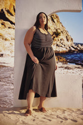 Responsible, Striped Sleeveless Henley Flared Maxi Dress