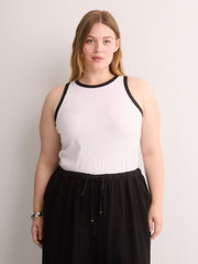 Fitted Halter-Neck Rib Knit Tank Top with Contrast Binding