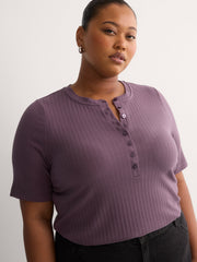 Straight Elbow-Sleeve Plum Pointelle Knit Henley Top