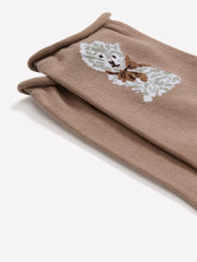Taupe Rolled-Edge Crew Socks with Cat Placement Print