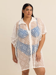 White Crochet Knit V-Neck Cover-Up Dress - Cover Me