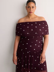 Purple Dotted Off-Shoulder Mesh Maxi Dress - Addition Elle