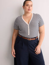 Short-Sleeve V-Neck Henley Shirt with Stripes