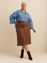Tan Faux-Suede Buttoned Down Midi Skirt