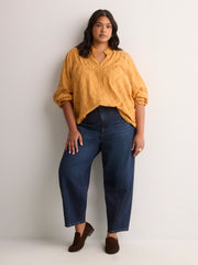 Yellow Embroidered A-Line Blouse with Split Ruffled Collar
