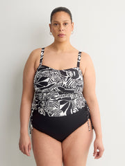 Black Foliage-Print Twisted Bandeau Tankini Top