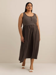 Responsible, Striped Sleeveless Henley Flared Maxi Dress